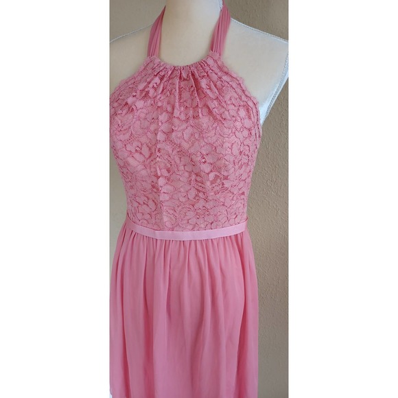 David's Bridal Tie Neck Halter Floral Lace Mini Bridesmaid Dress Parfait Pink 8 - Picture 5 of 14
